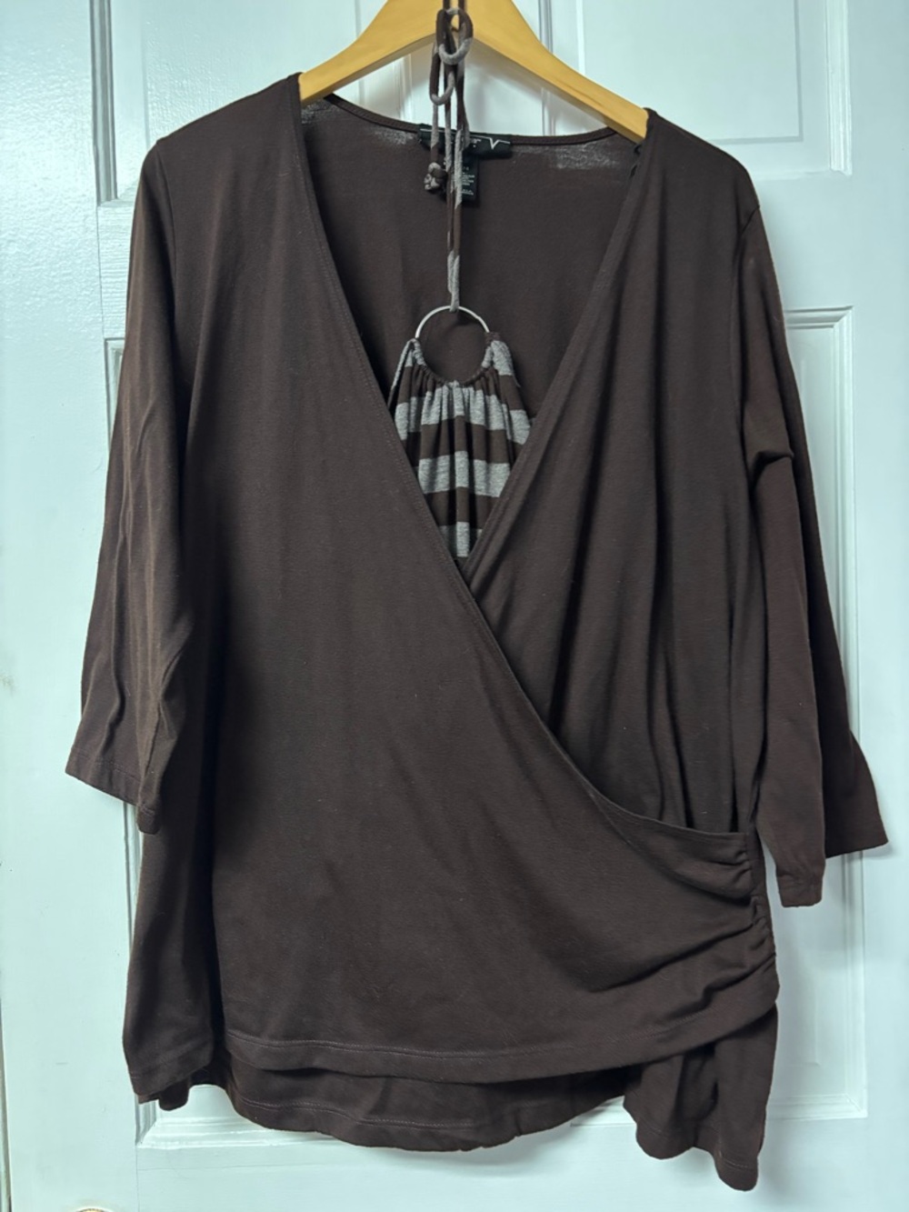 Venezia Brown Wrap-Front Tunic with Striped Halter Detail Blouse 22/24. 1 Piece.